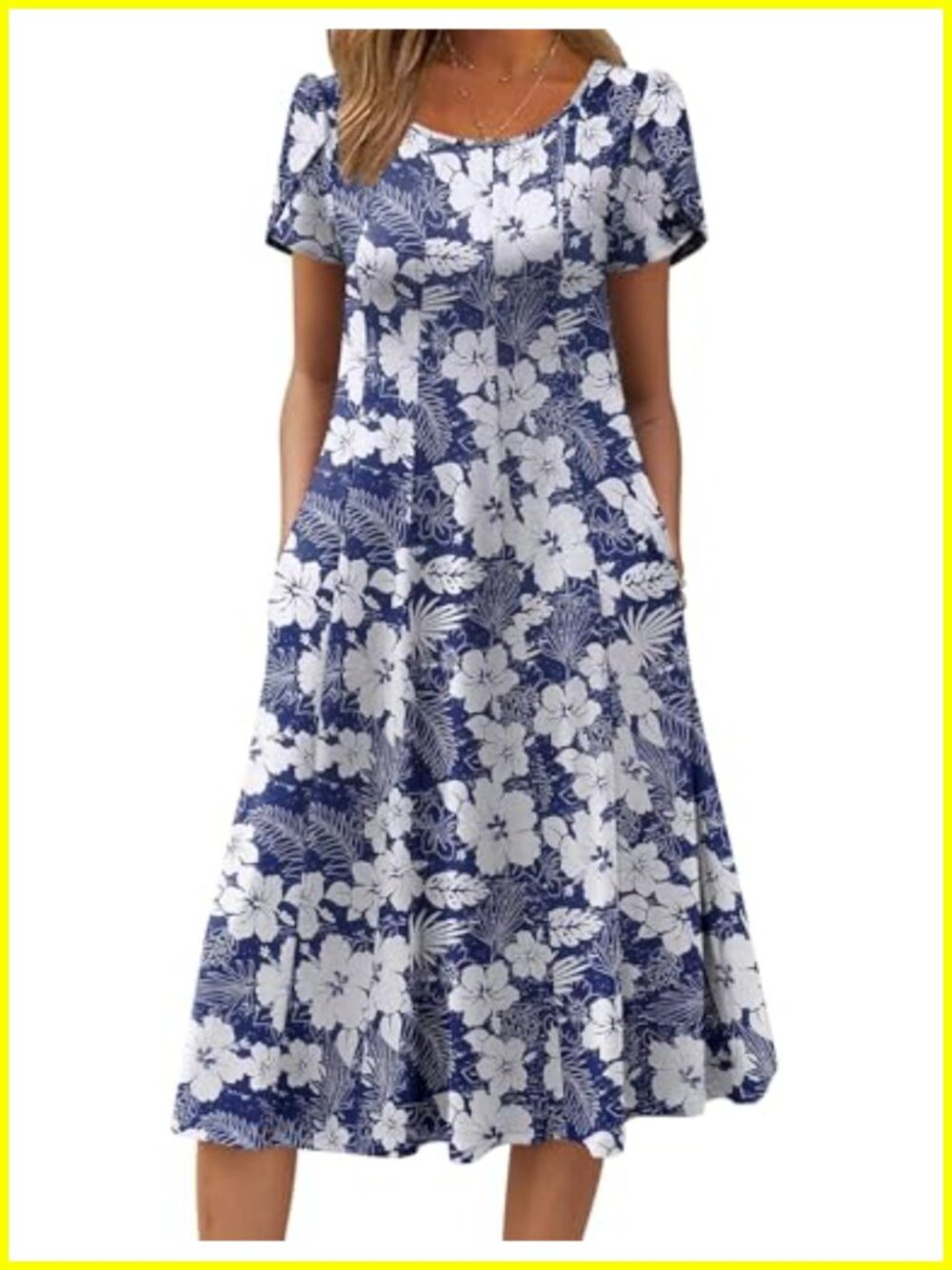 Flowy Pleated Midi Sundress Short Sleeve with Pockets, Casual A-Line